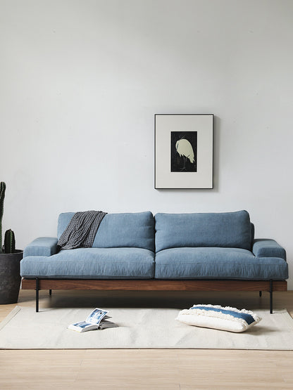 Blue Wooden 3 Seater Fabric Sofa