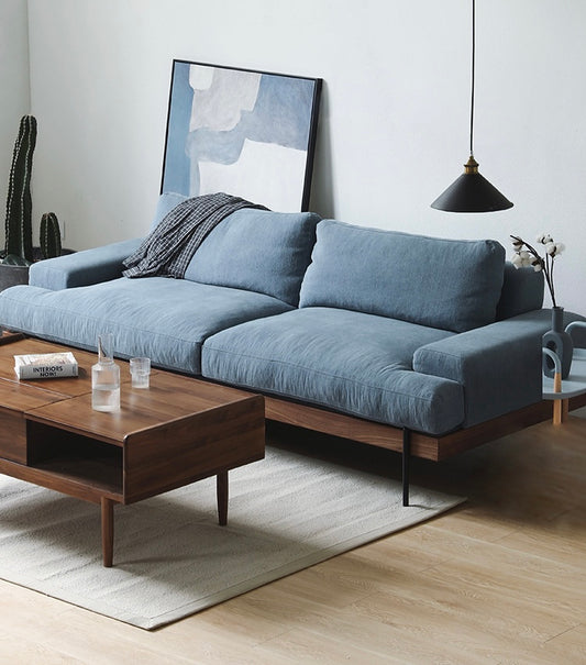 Blue Wooden 3 Seater Fabric Sofa