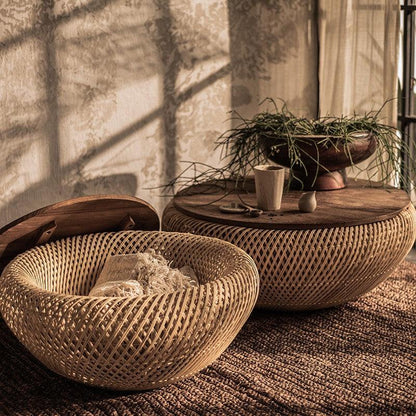 Rustic Rattan Round Coffee Table with Storage