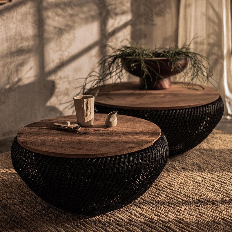 Rustic Rattan Round Black Coffee Table